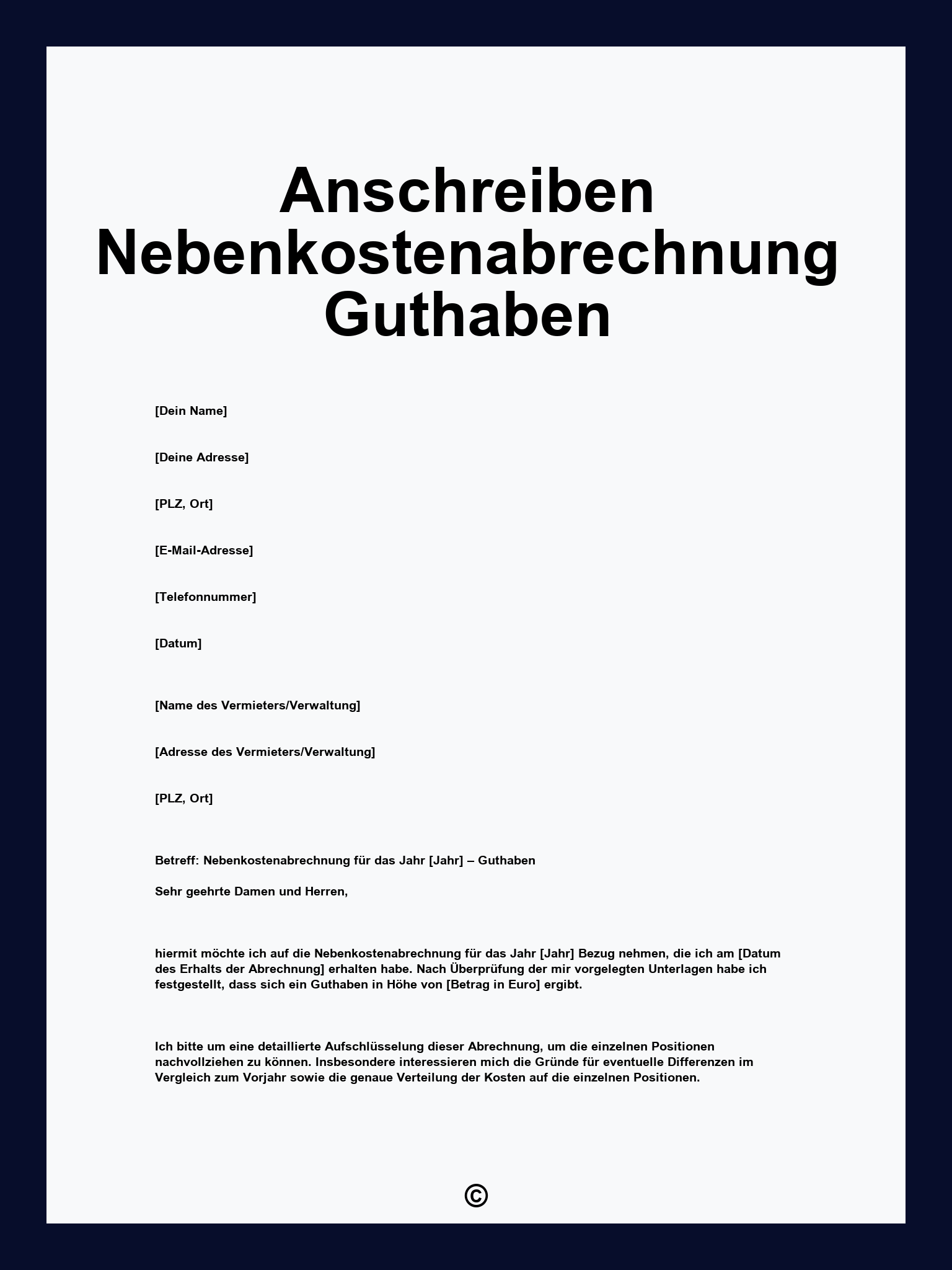 Anschreiben Nebenkostenabrechnung Guthaben