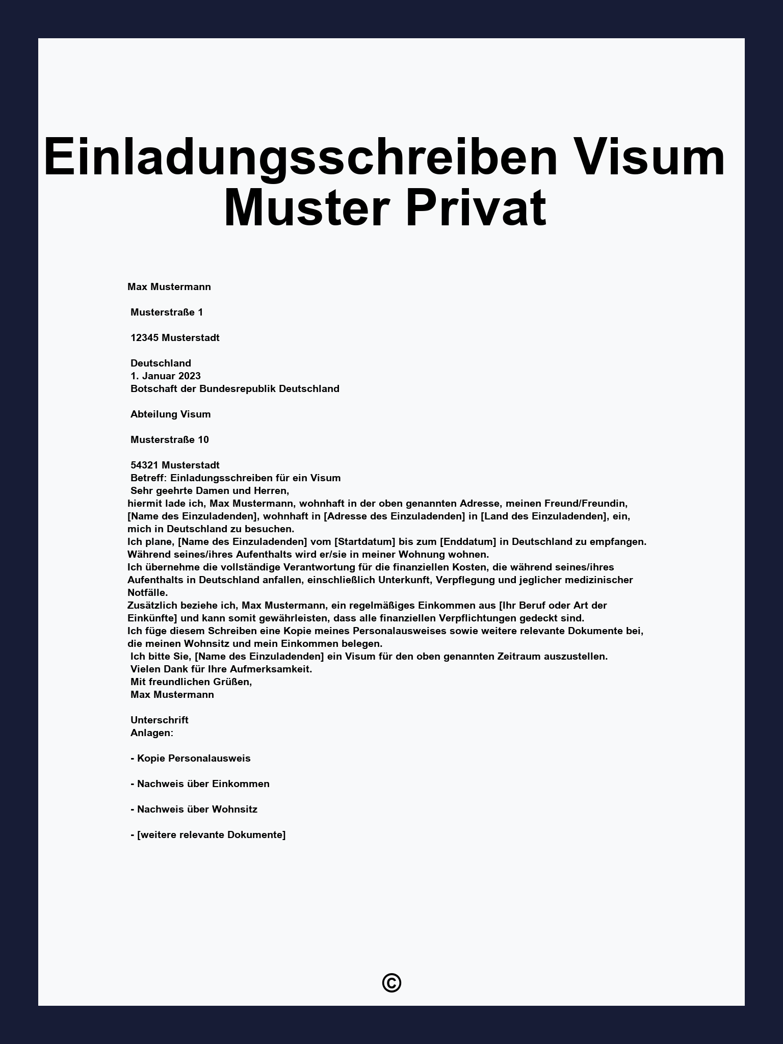 Einladungsschreiben Visum Muster Privat