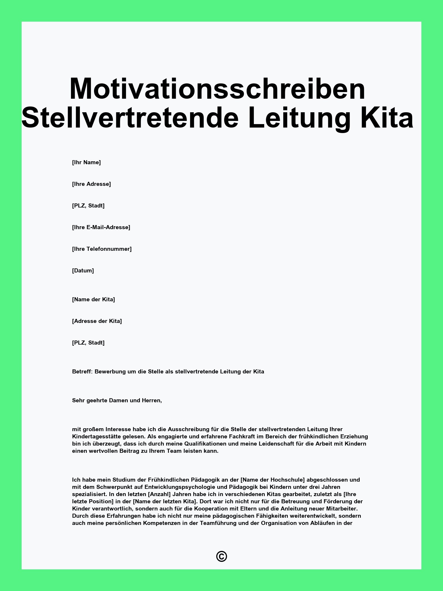 Motivationsschreiben Stellvertretende Leitung Kita